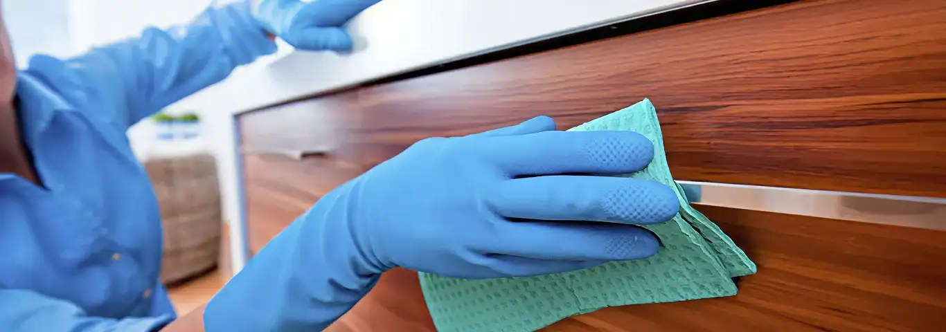 Cleaner wearing blue gloves wiping a wooden cabinet drawer with a microfiber cloth for dust and grime removal, Cambridge, MA.