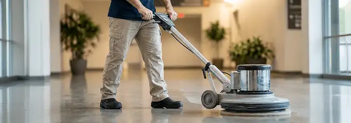 Professional technician using an industrial floor buffer to polish and maintain shiny commercial flooring in a corporate hallway in Cambridge, MA.