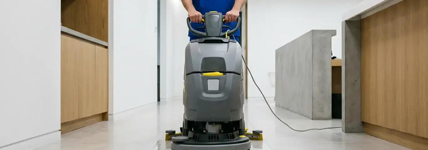Janitorial staff using a floor scrubber machine to clean a commercial hallway, Cambridge, MA.