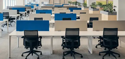 Modern open-plan office space featuring clean workstations, ergonomic chairs, and sanitized carpets provided by professional office cleaning services in Cambridge, MA.