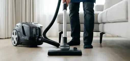 Professional house cleaner vacuuming a living room floor with a canister vacuum cleaner, Cambridge, MA.