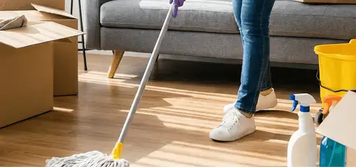 Move-out cleaning setup with a cleaner mopping hardwood floors near moving boxes and cleaning supplies, Cambridge, MA.