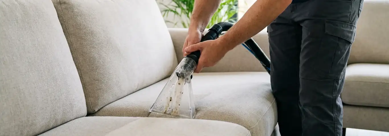 Technician extracting dirt and moisture from a fabric sofa with an upholstery cleaning wand, Cambridge, MA.