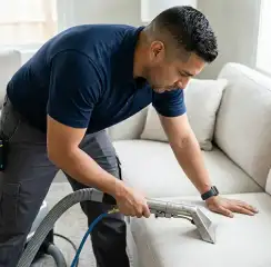 Professional upholstery cleaning technician using an extraction wand to deep-clean a fabric sofa, Cambridge, MA.