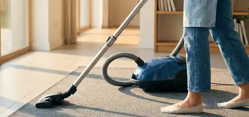Person vacuuming a living room rug with a canister vacuum cleaner near large windows, Cambridge, MA.